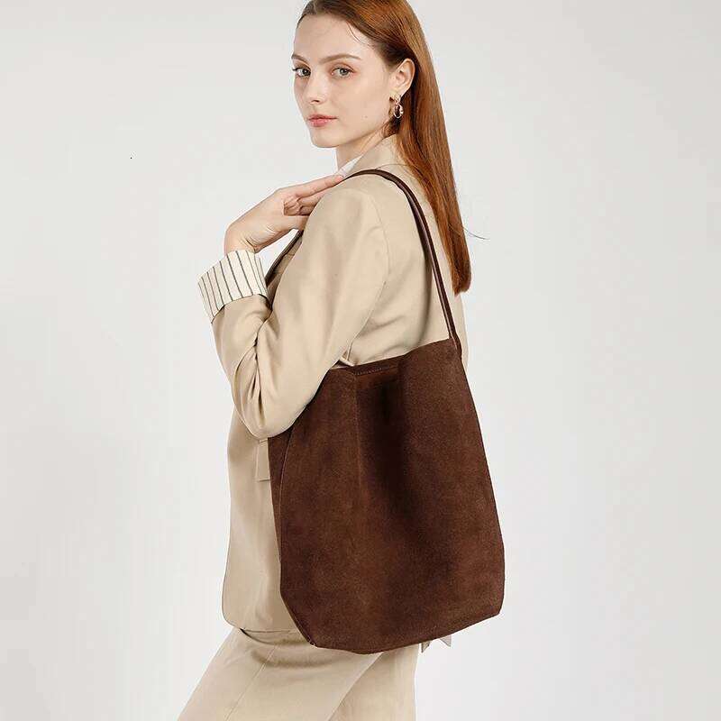 Frosted Cowhide Vintage Women's Large Capacity Suede Fashion Bucket Shoulder Bag Solid Color Simple Casual Commuter Bags