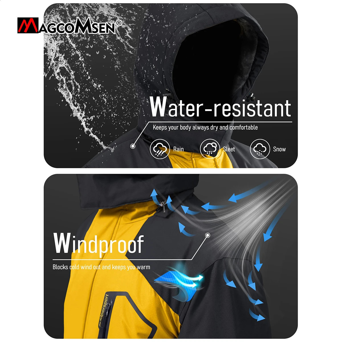 MAGCOMSEN Mens Hooded Fleece Ski Jacket Waterproof Thermal Thick Warm Parka Coats Winter Snow 250911