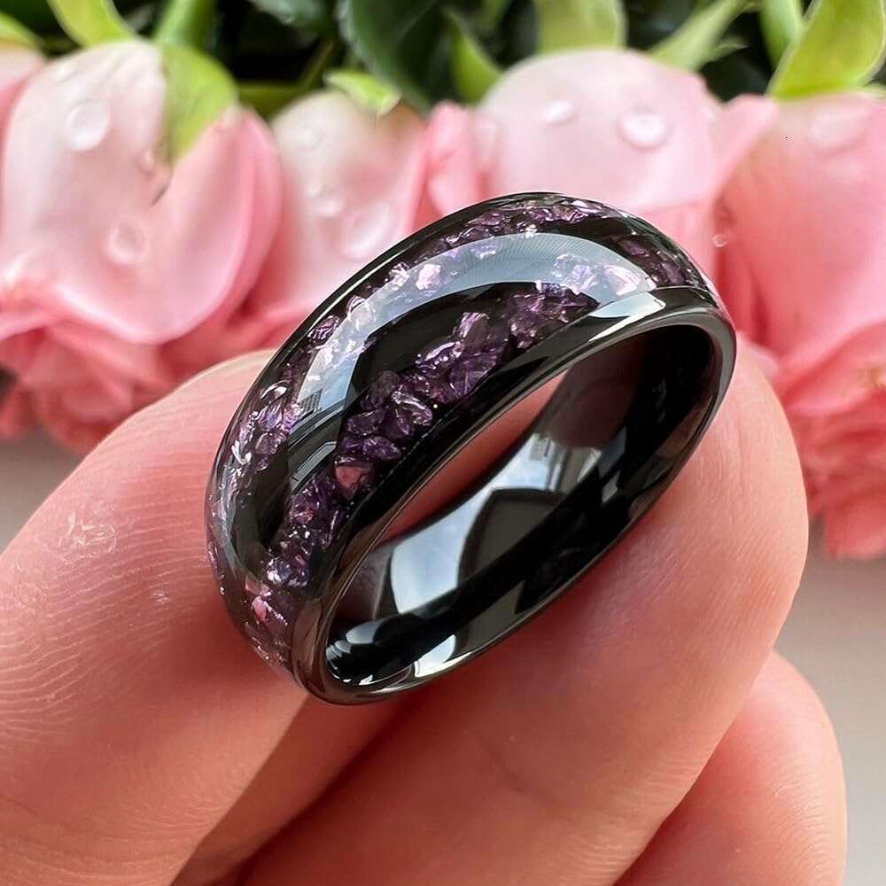 8mm Sier/Black/Gunmetal Purple Tungsten Rings for Men Women Amethyst Inlay Fashion Engagement Promise Wedding Band Polished Comfort Fit