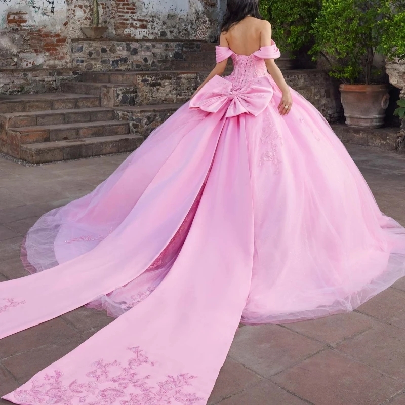 Pink Quinceanera Dresses Ball Gown Off The Shoulder Applique Lace Beads Bow Tull Sweet 16 Dress Vestidos 15 De Anos