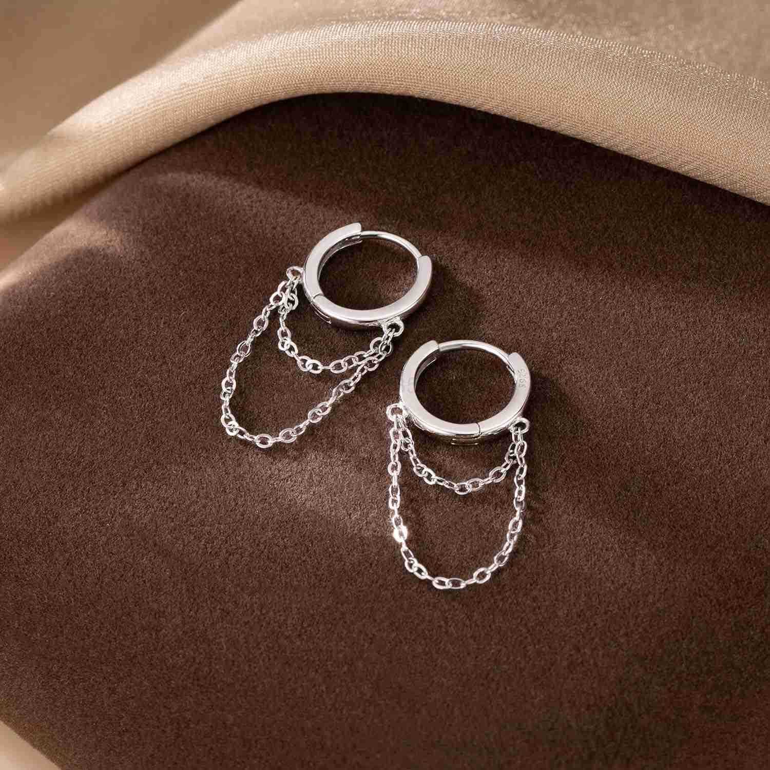 Solid 925 Sterling Silver Tassel Chain Drop Dangle Small Hoop Earrings Huggie for Women TeenW250911