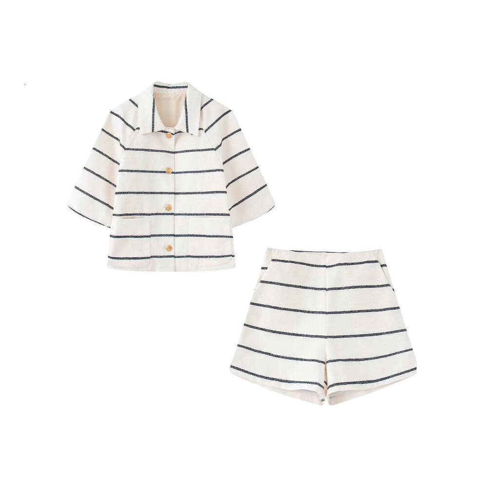 DHEssentials Summer New Simple Elegant Little Chanel Style Short Sleeve Top + Striped Fashion Shorts Set