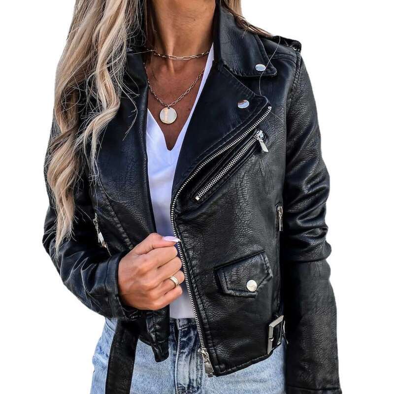 Women's Top PU Leather Jacket Motorcycle Short Zipper