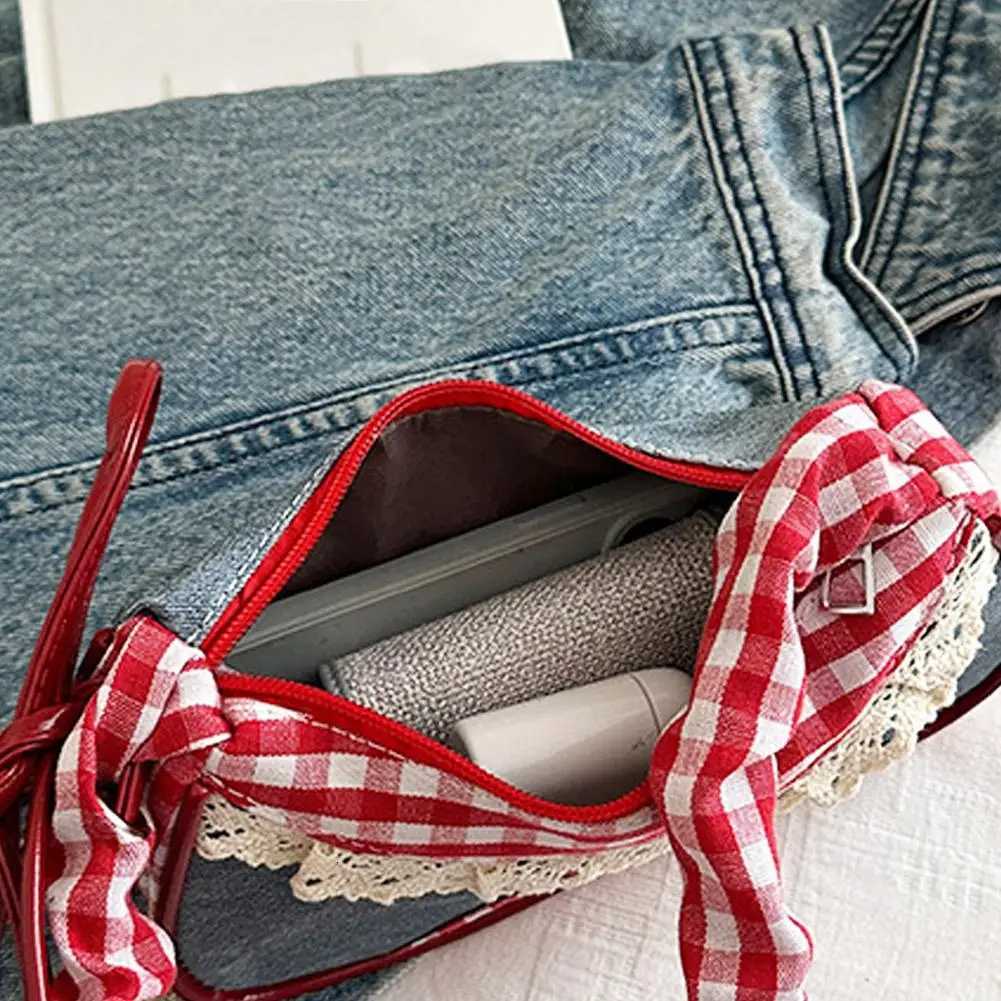 Allmatch Sweet French Stick Handbag Denim Blue Bow Plaid Shoulder Bag Large Capacity Lace Ribbon Cloth Underarm Bags Daily Z250911