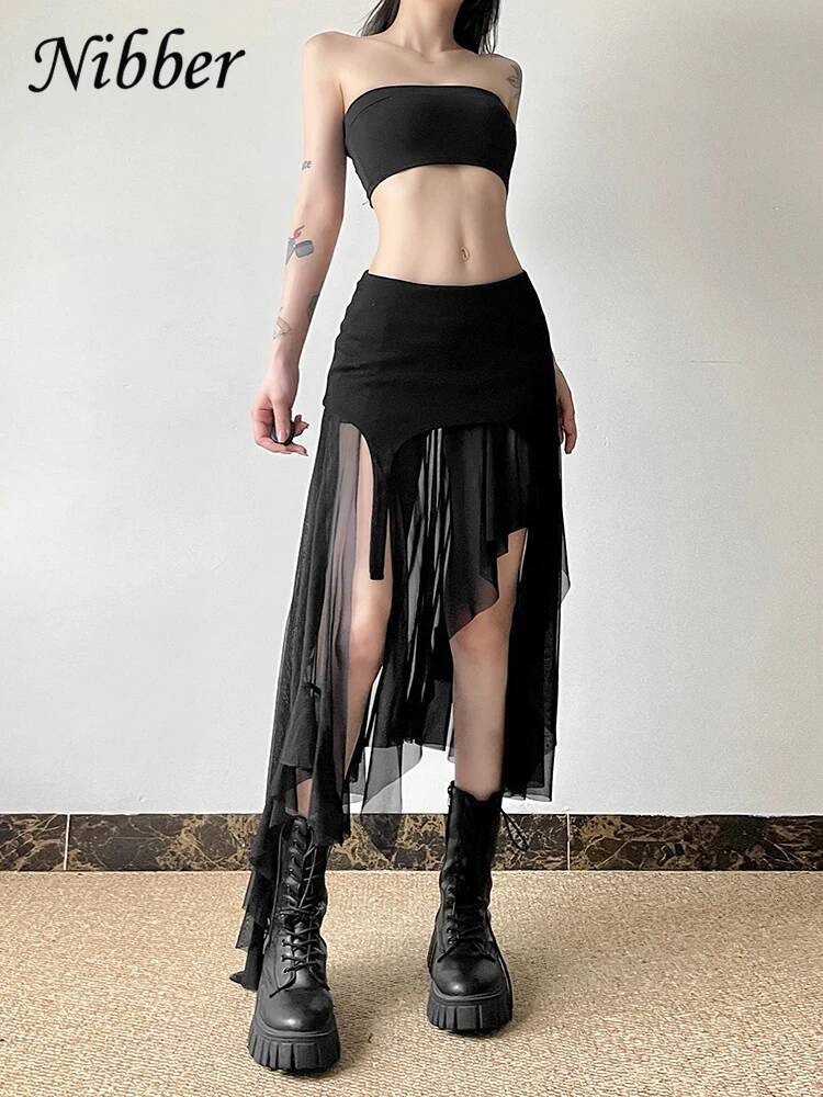 Nibber 2024 Summer Solid Color Simple All-match Casual Sexy Fimbriate High Street Trendy Cool Women's Laminated Ruffled Skirt dongdumaoyi
