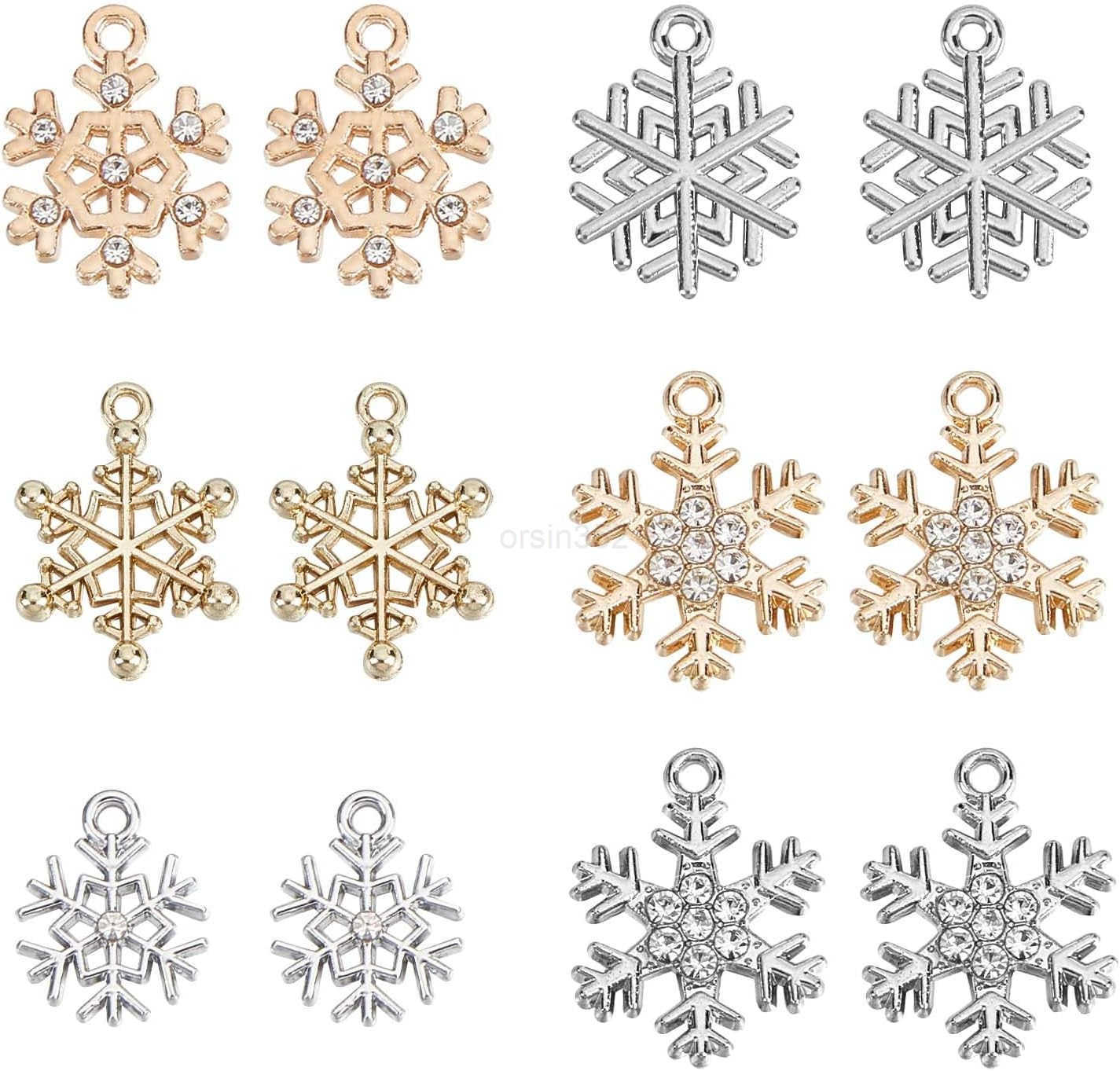 1 Box 36Pcs 6 Style Snow Charms Christmas Snowflake Charms Xmas Winter Rhinestone Pendants for Jewelry Making DIY Necklace Earrings Christmas PaW25091