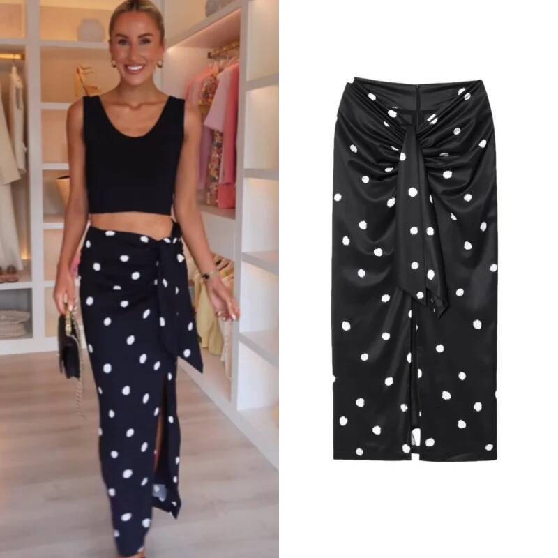 2025 Sexy Black Polka Dot Midi Skirt: Thigh-High Slit, Bow-Tie Waist, Ankle-Length Curve-Hing Design For Woman Summer Casual dongdumaoyi