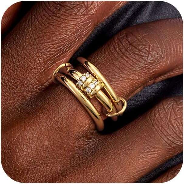 Stackable Plated Cubic Zirconia Statement Rings, Non Tarnish Ring Set, Dainty Gold for Women, Trendy Fashion Chunky Stacking Rings