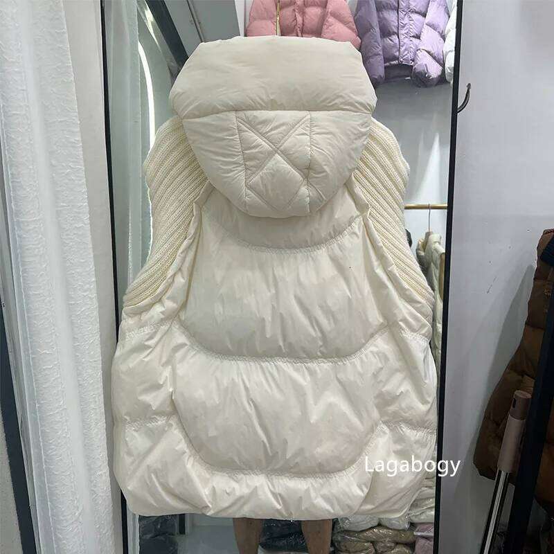 Lagabogy 2025 Winter Women White Duck Down Sleeveless Warm Puffer Jacket Casual Loose Knitwear Patchwork Vest Hooded Waistcoat