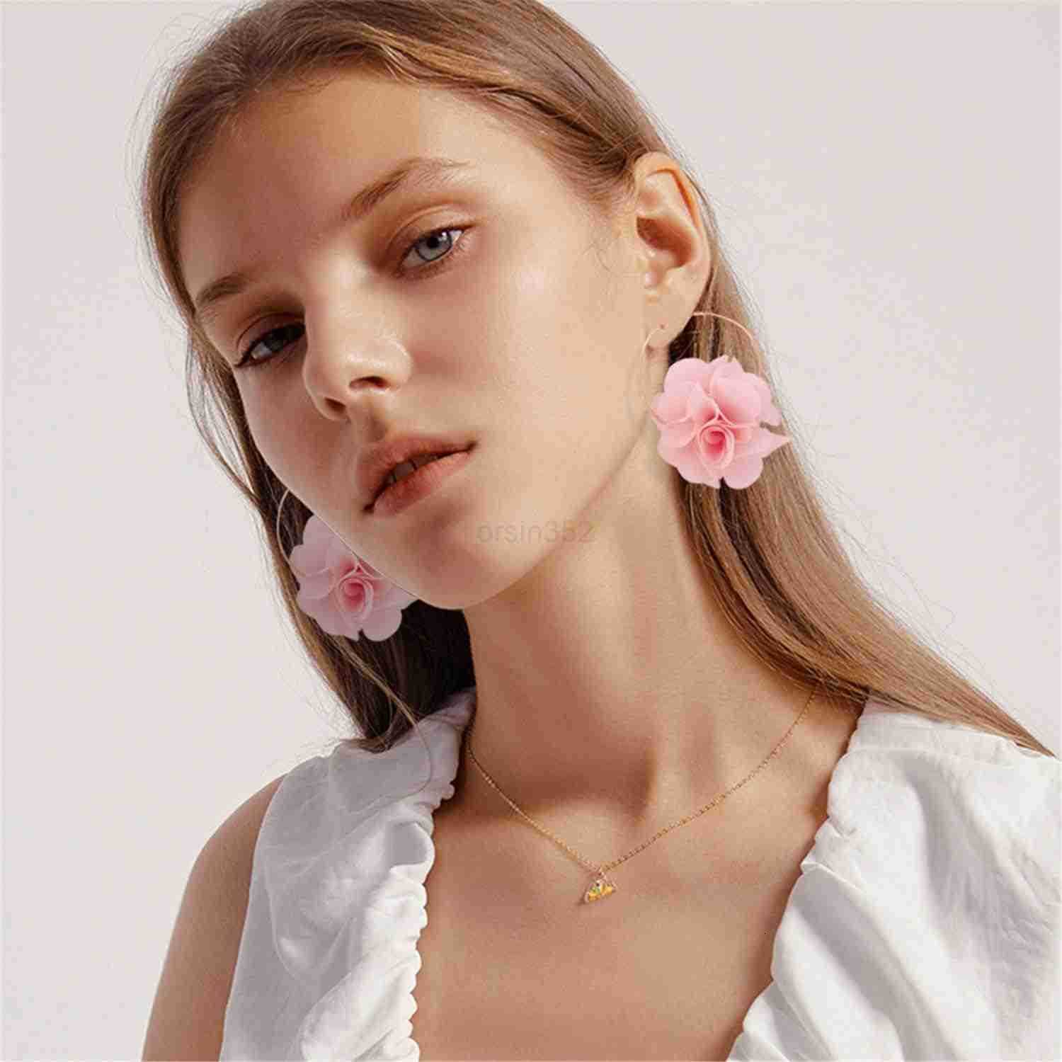 Big Fabric Flowers Dangle Drop Earrings Handmade Charm Chic Petal Hoop Earrings with Chiffon Floral Tassel for Women Vacation WeddingW250911