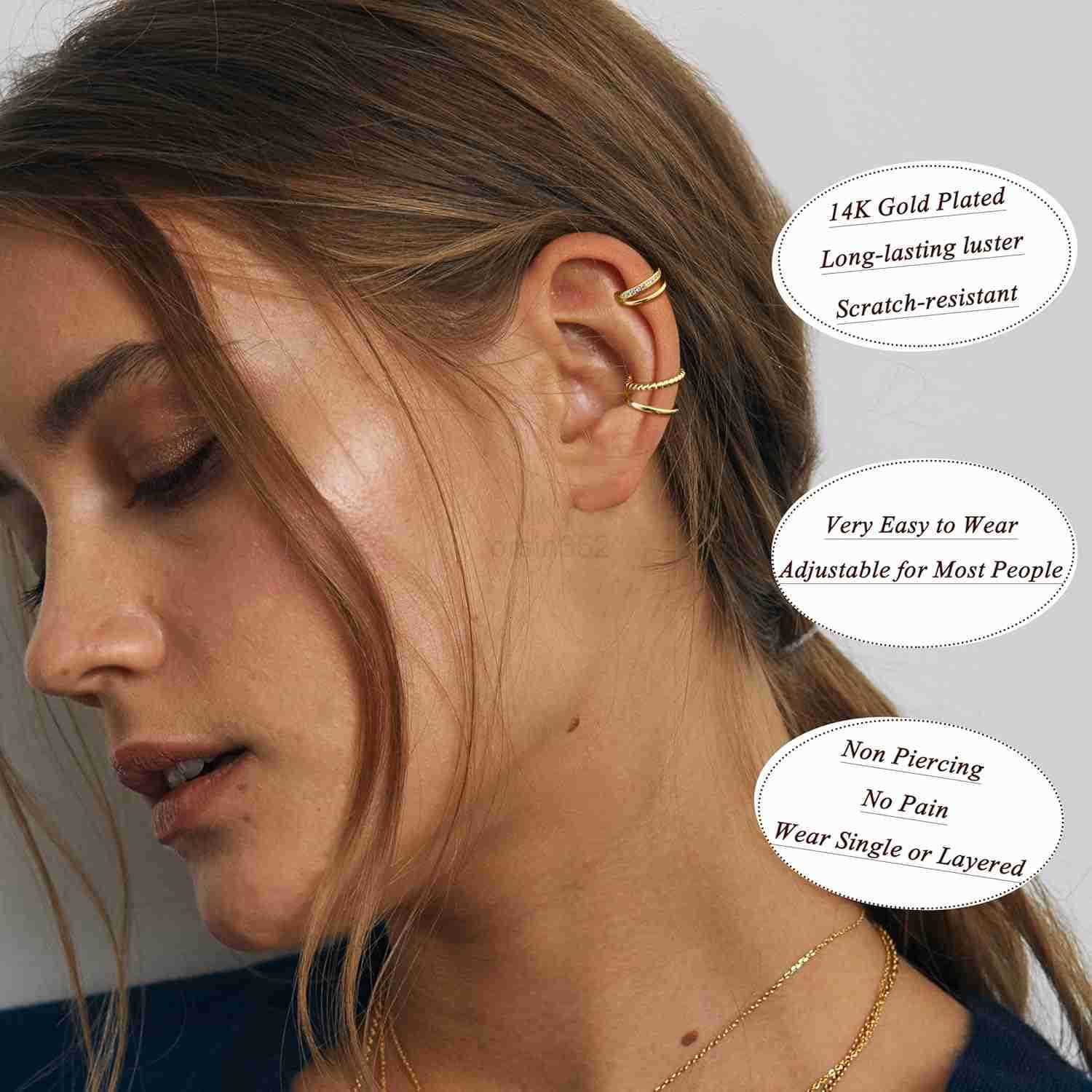 Ear Cuff Earrings for Women 14K Gold Plated Ear Cuffs Non Piercing Clip on Cartilage Earring Trendy Fake Earrings Hypoallergenic Huggie Hoop Clip Cuff