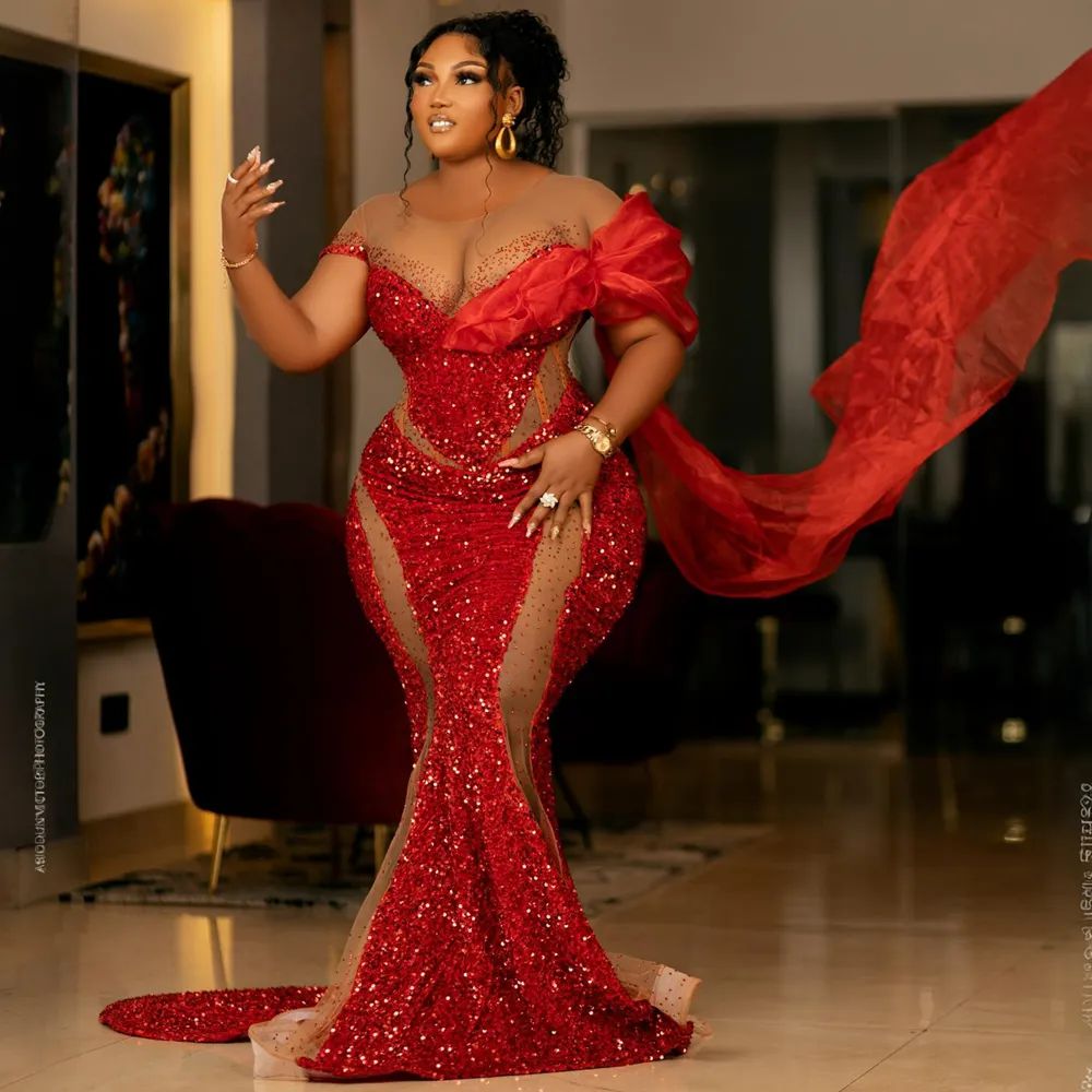 2025 Aso Ebi Prom Dresses Plus Size Red Mermaid Sparkling Sequins Lace Short Sleeves Evening Dresses Birthday Party Dress Engagement Gowns Vestido De 