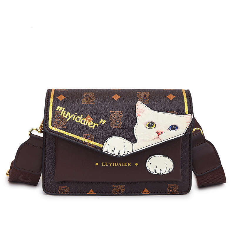 Fashion Designer Bags Crossbody Bag 2025 New Cute Cartoon Cat Printed Trendy Small Square Bag for Women Single Shoulder Crossbody Wide Strap Bag Commu