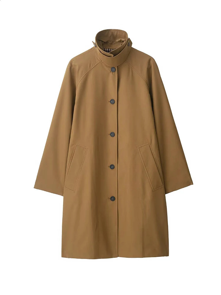 Women Midlength Trench Coat Solid SingleBreasted Stand Collar Classic Windbreaker Female Casual Chic Outerwear 250911