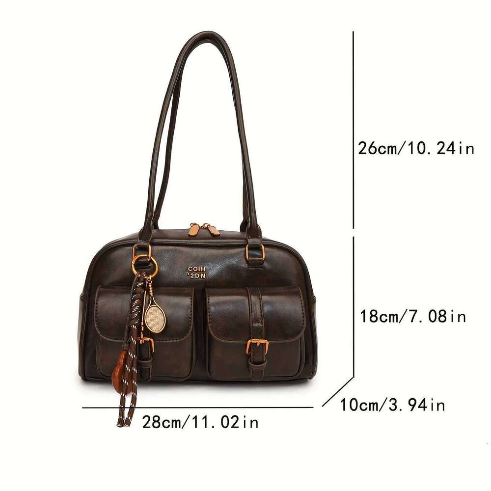 Women's Retro Solid Color Pu Leather Shoulder Bag Multiple Pockets Large Capacity Comes With A Detachable Accessory Charm