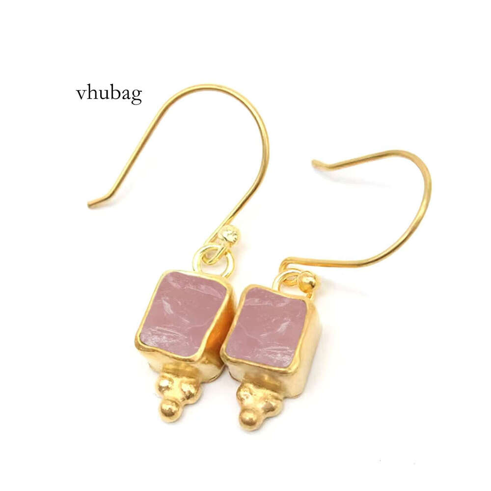 Wholesale Rough Rose Quartz Gemstone Earrings Fancy Collet Setting Gold Vermeil Sterling Sier Metal Moissanite Dia