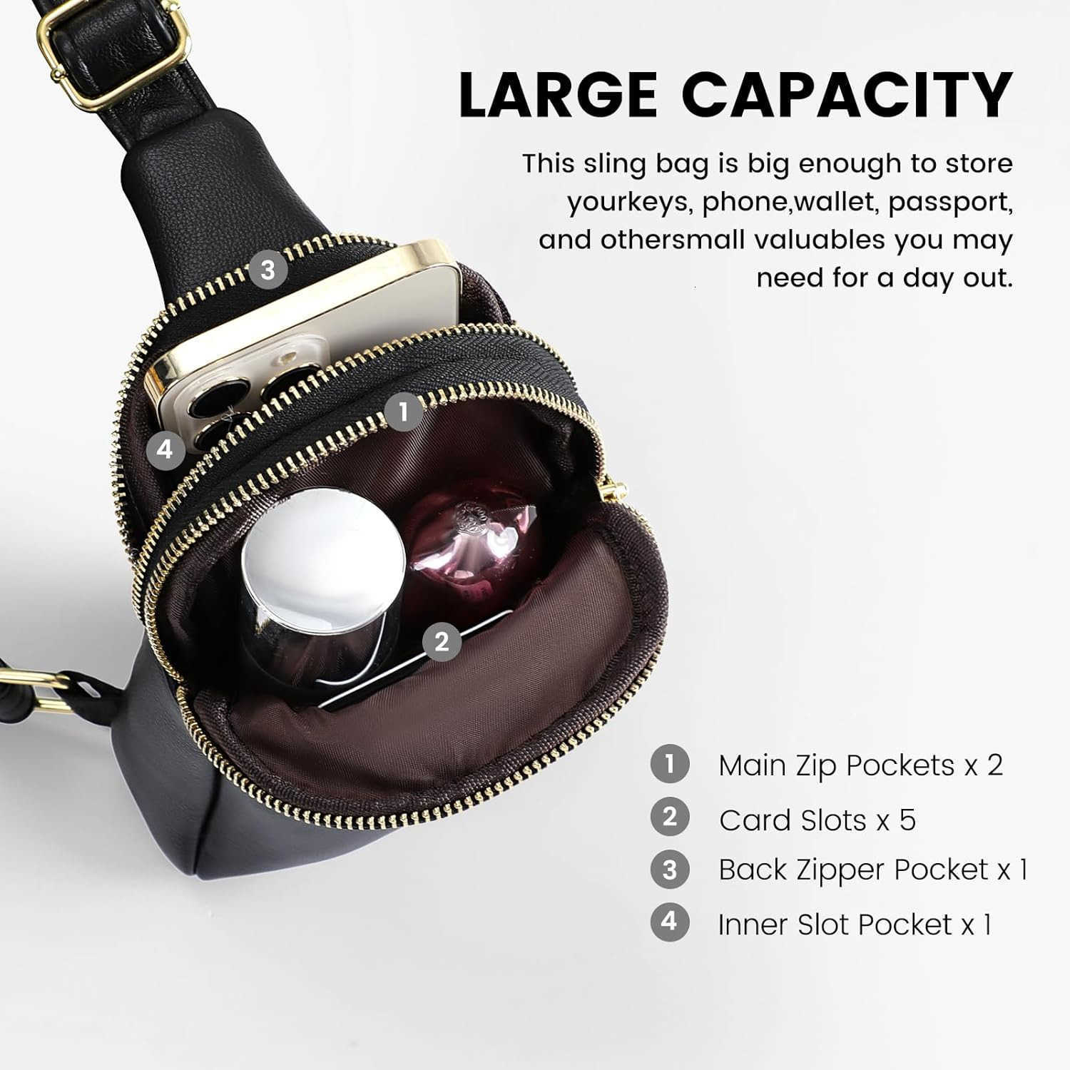 Crossbody Bag for Women Waterproof Leather Small Sling Bag Crossbody Fanny Packs for Travel Adjustable Strap 3 Pockets Cross body Bag Purse for Women 