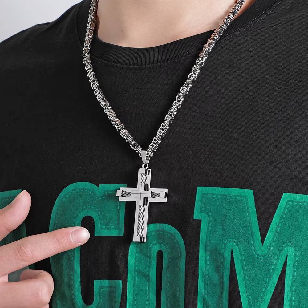 Mens New Fashion Geometric Titanium Steel Dominant Agate Stone Cross Pendant Necklace Stylish Stainless Steel Anniversary Gift