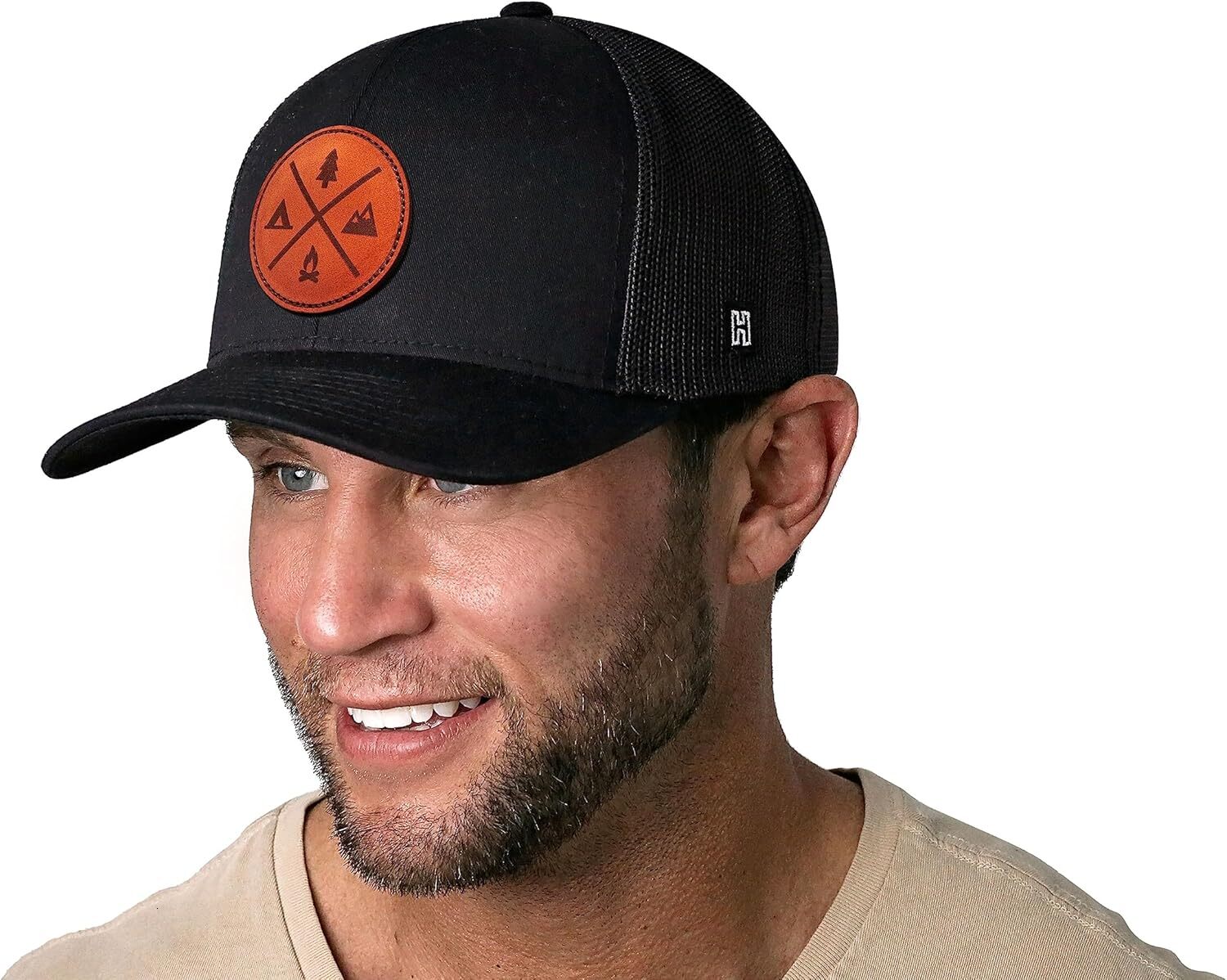 Camping Outdoors Trucker Hat for Men & Women, Baseball Cap Adjustable Snapback Leather