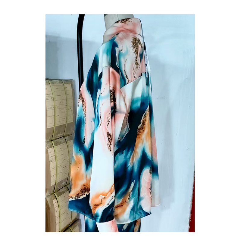 Women's Sleep & Lounge Women's Silk - like Pajama Set with Colorful Abstract Print - Long Sleeve Shirt and Wide - leg Pants