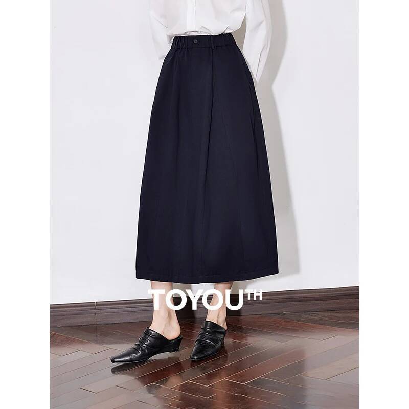 TOYOUTH Women 2025 Spring New Solid Color Pure Cotton Mid Waist Versatile Ankle Length A Line Umbrella Skirt Black dongdumaoyi