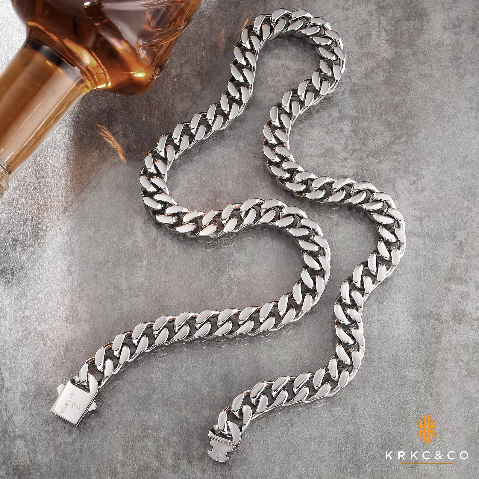 KRKC Drop Shipping New Design Buckle Clasp RTS 14mm Silver Rhodium Plated Mens Curb Cuban Link Chains