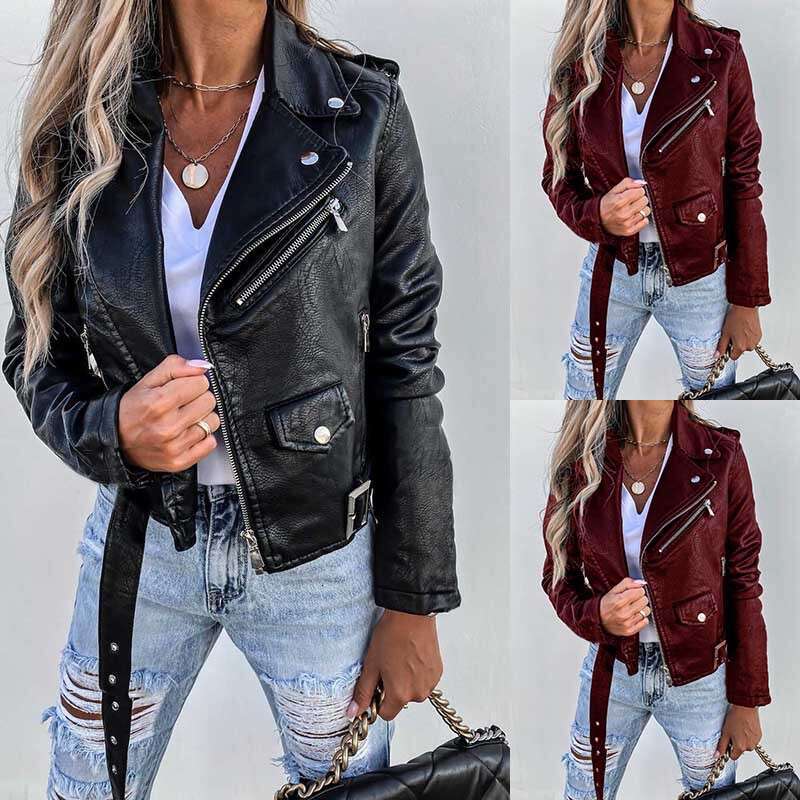 Women's Top PU Leather Jacket Motorcycle Short Zipper