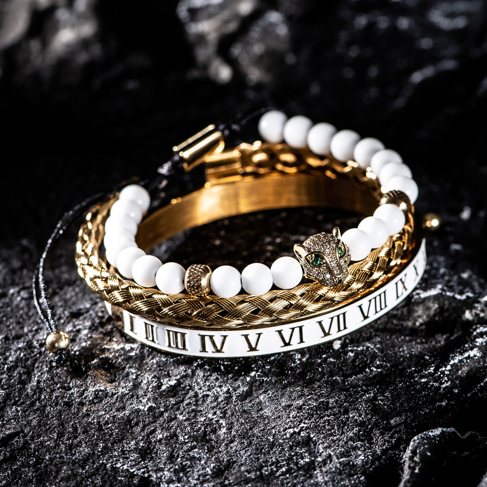 White Bead Crown Bracelet 3 Piece Set Dripping Enamel Stainless Steel Roman Numeral Bracelet for Men