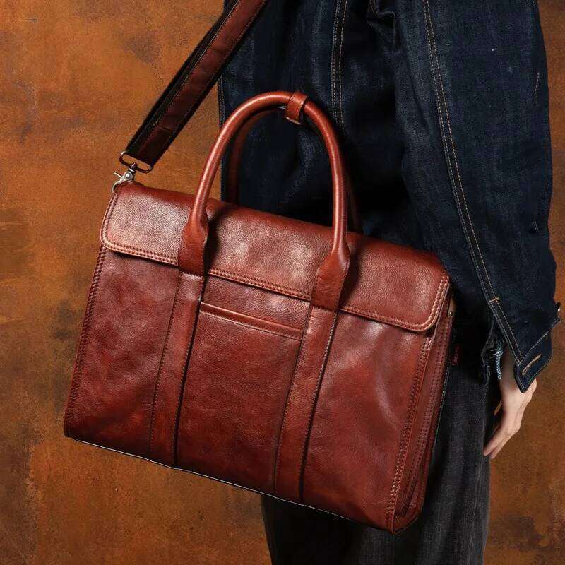 Vegetable tanned handbag briefcase leather shoulder messenger casual men's bag