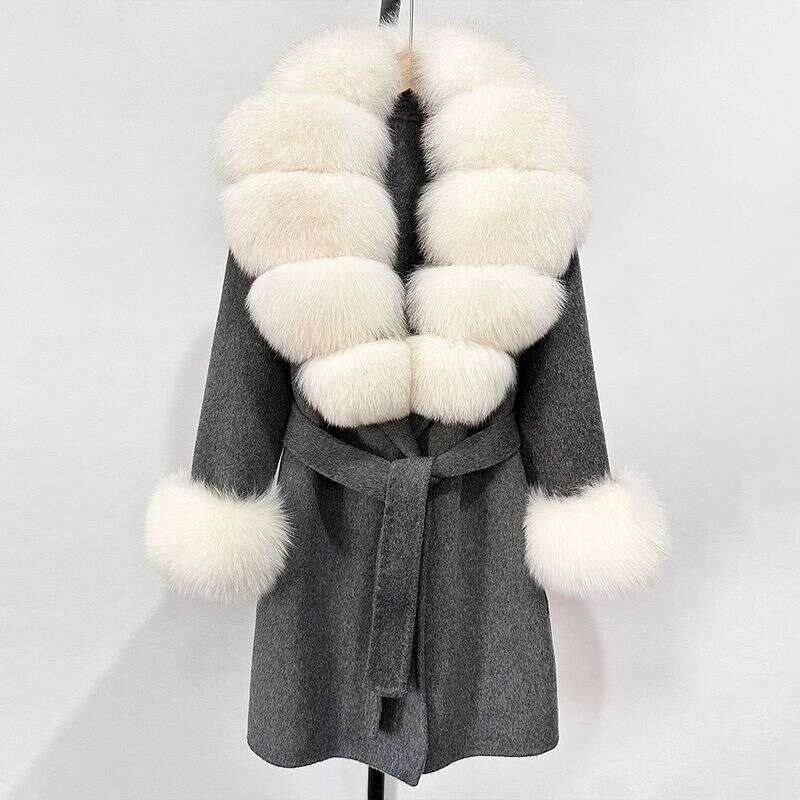 Women's Long Wool & Cashmere Coat With Real Fox Fur Collar - Double-Faced Winter Trench Coat, Slim Fit Belted Dressy Outerwear, Elegant Overcoat 