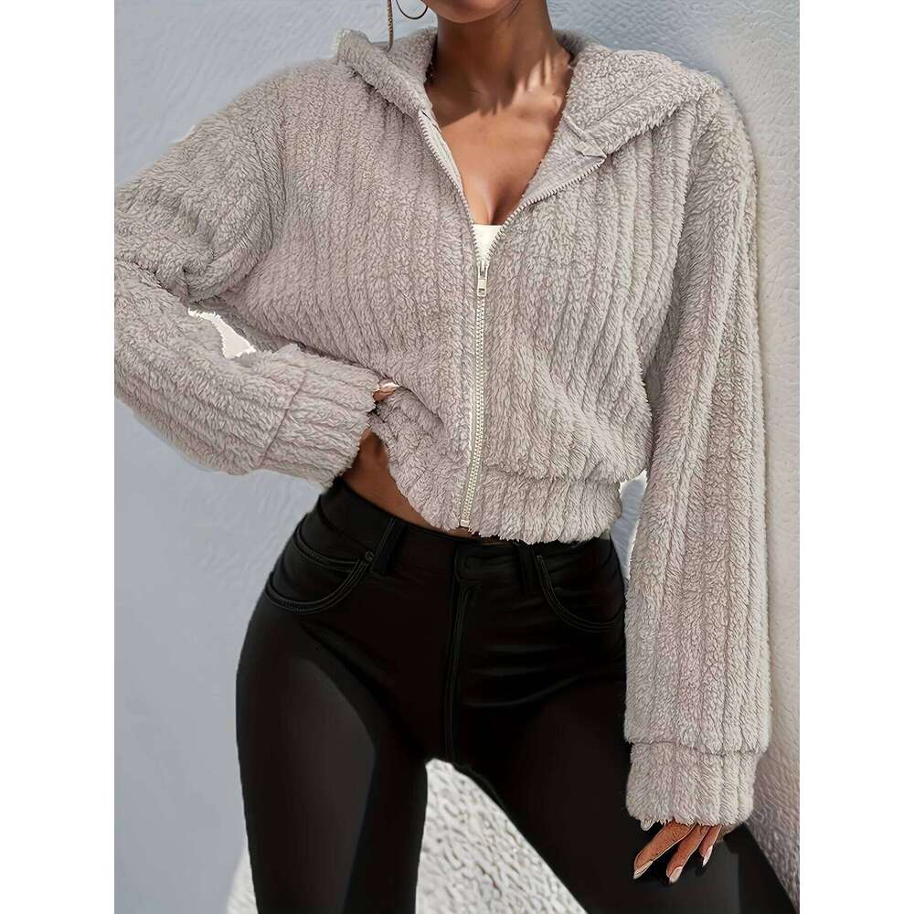 Elegant Faux Fur Zip-Up Hooded Jacket Women - 100% Polyester Solid Color Cozy Short Coat For Fall/Winter