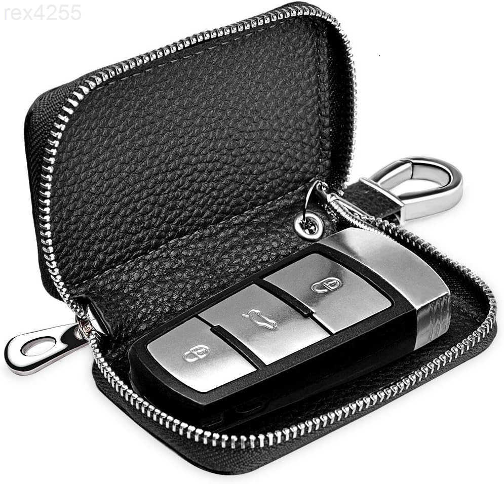 Car Key caseGenuine Leather Car Key Chain Keychain Holder Metal Hook and Keyring Zipper Bag for Remote Key Fob BlackW250911