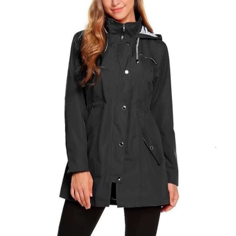 Hot Selling Windproof Waterproof Raincoat Hooded Zipper Jacket Mid-Length Trench Coat Outerwear
