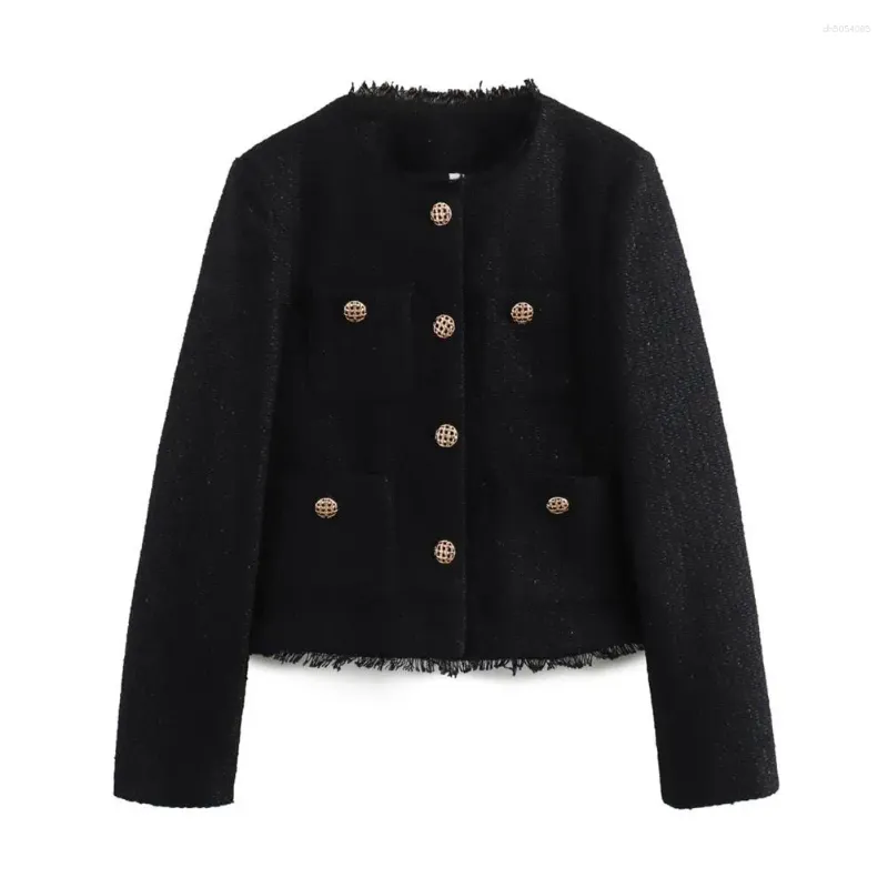 Women's Jackets Women Top With Gold Button Closure Tweed Elegent Slim Fit Stylish Pockets For Business Spring