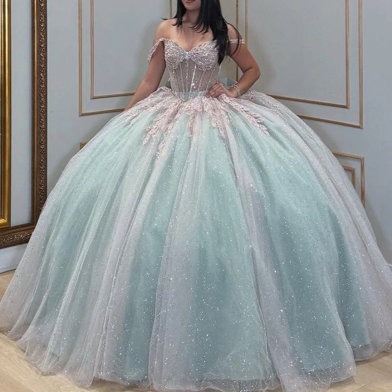 Light Blue Shiny Off The Shoulder Quinceanera Dresses Ball Gown Applique Lace Beads Bow Party Birthday Sweet 16 Dress Vestidos De 15 Anos