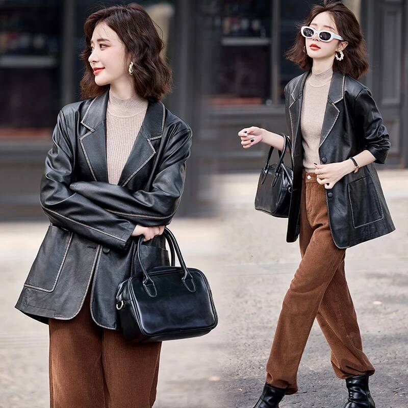 THEME 21 Fashion Leather Blazer Casual Elegant Business Jacket Fall Winter of 2025 Women's New Collection Arrival