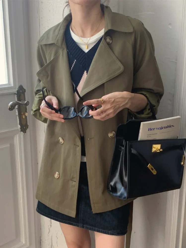 SpringAutumn Korean Fashion Waist Slimming Lace Up Jacket for Women Double Breasted Mid Length Trench Coat Clothing 250911