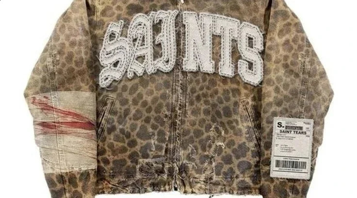 Vintage Leopard Print Menswear Y2K Two Piece Zipper Jacket Ripped Gothic Jeans Tracksuit Mens Patchwork Streetwear 250911