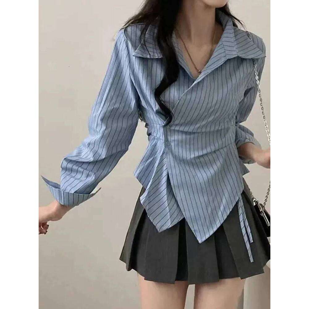 Jmprs Fashion Slim Striped Shirt Women Elegant Korean Long Sleeve Blouse Casual Irregular Female Spring Sweet Chic All Match Top