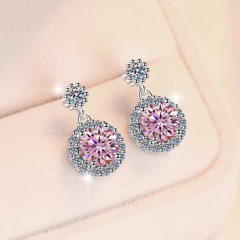Fine Jewel Fashion S925 Silver New Design GRA Test Drill Pen 105Ct Pink Color Moissanite Round Pendant Earrings of Ladies