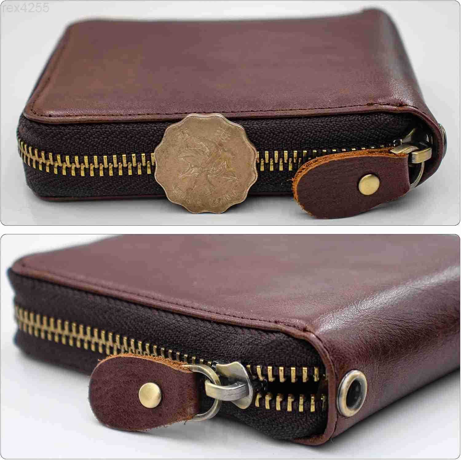 Real Leather RFID Blocking Bifold Wallets for Men Double Zipper Coin Pocket Purse with AntiTheft ChainW250911