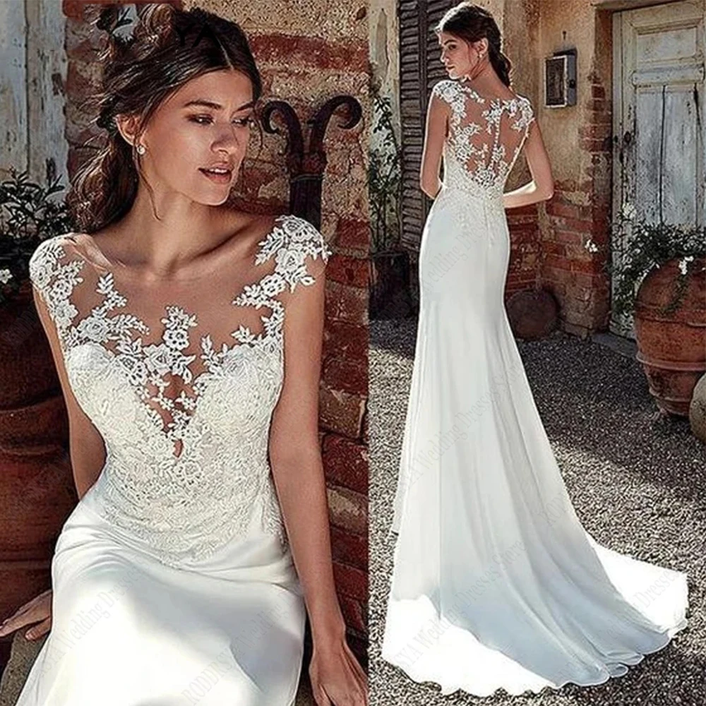 Beautiful Fascinating Mermaid Wedding Dresses Lace Appliques Mermaid Short Sleeves Bridal Gowns Sweep Train Vestido De Novia Customized