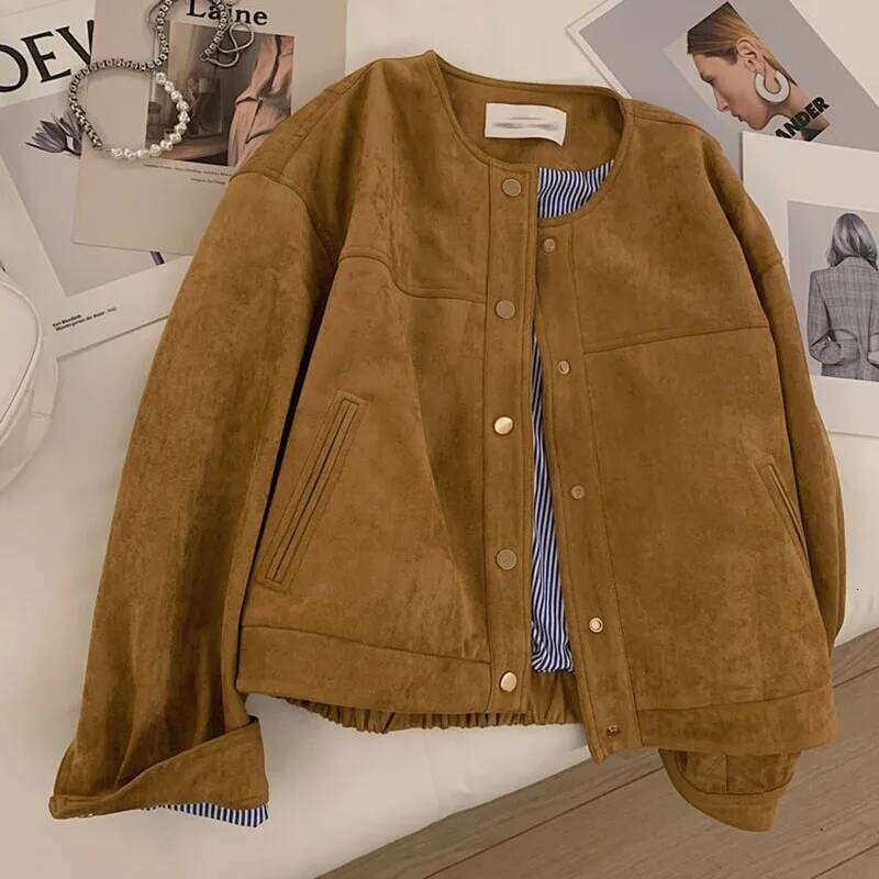 Suede Short Jacket Women Korean Camel Fashion Long Sleeve Flight Suit Haruku Single Breasted Loose Tops Female Vintage Coats