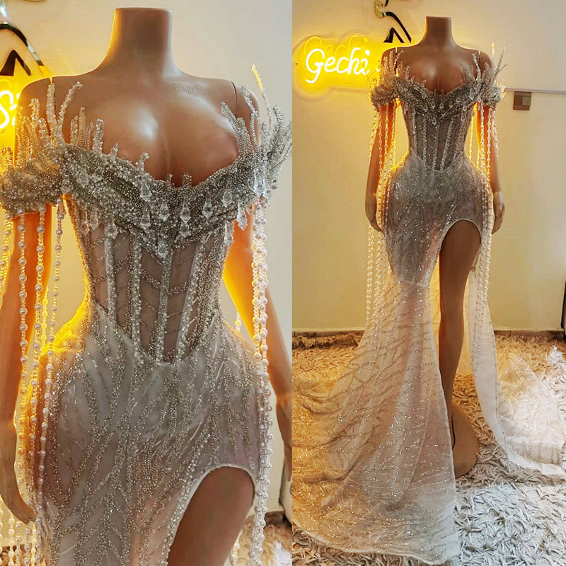 2025 Off White Aso Ebi Prom Dresses For Black Women Mermaid Evening Dresses Formal Gowns V Neck Side Split Beaded Lace Crystals Birthday Second Recept