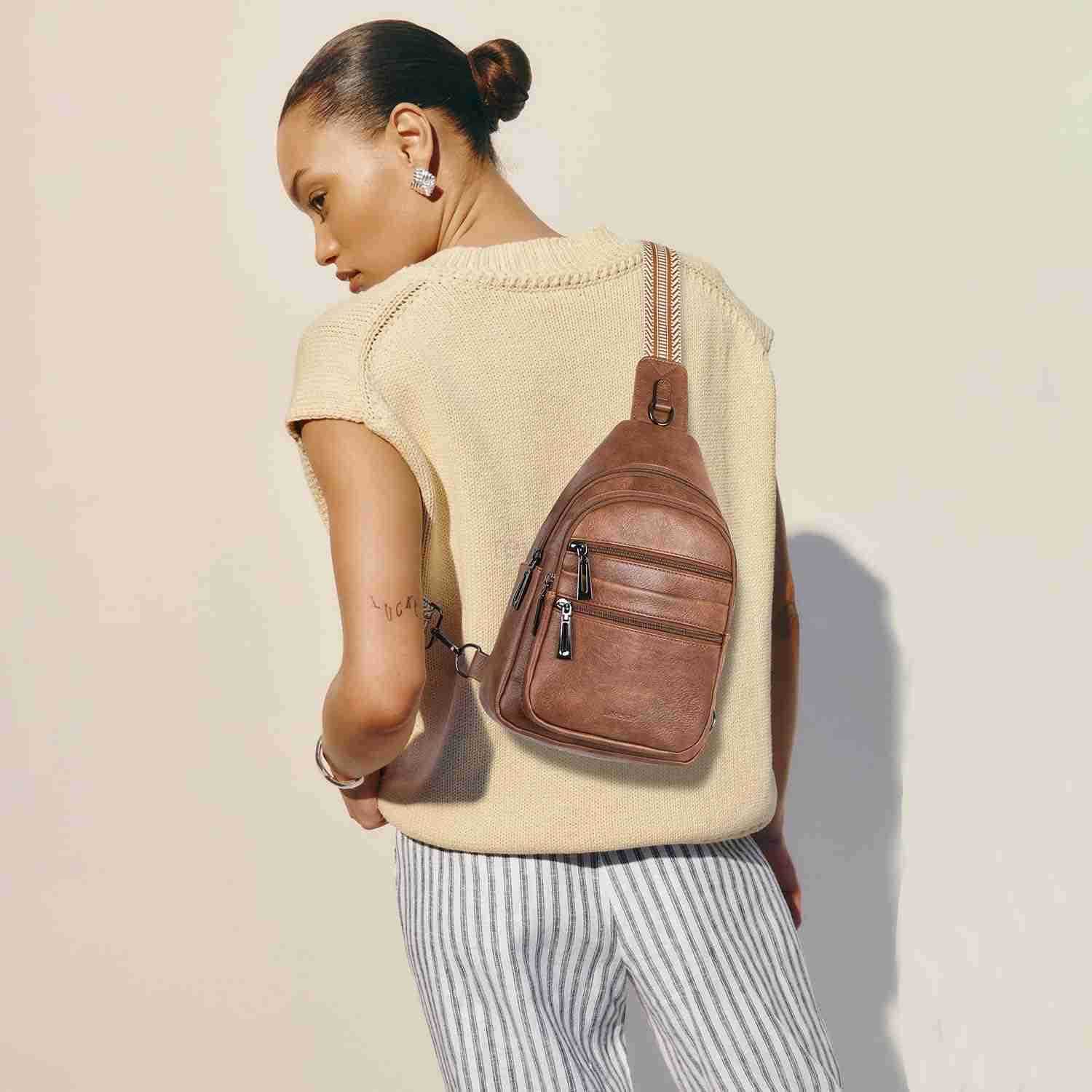 Sling Bag for Women Crossbody Bags Fanny Packs Over Shoulder Bag Sling Purse Backpack Vegan Leather Travel BrownW250911
