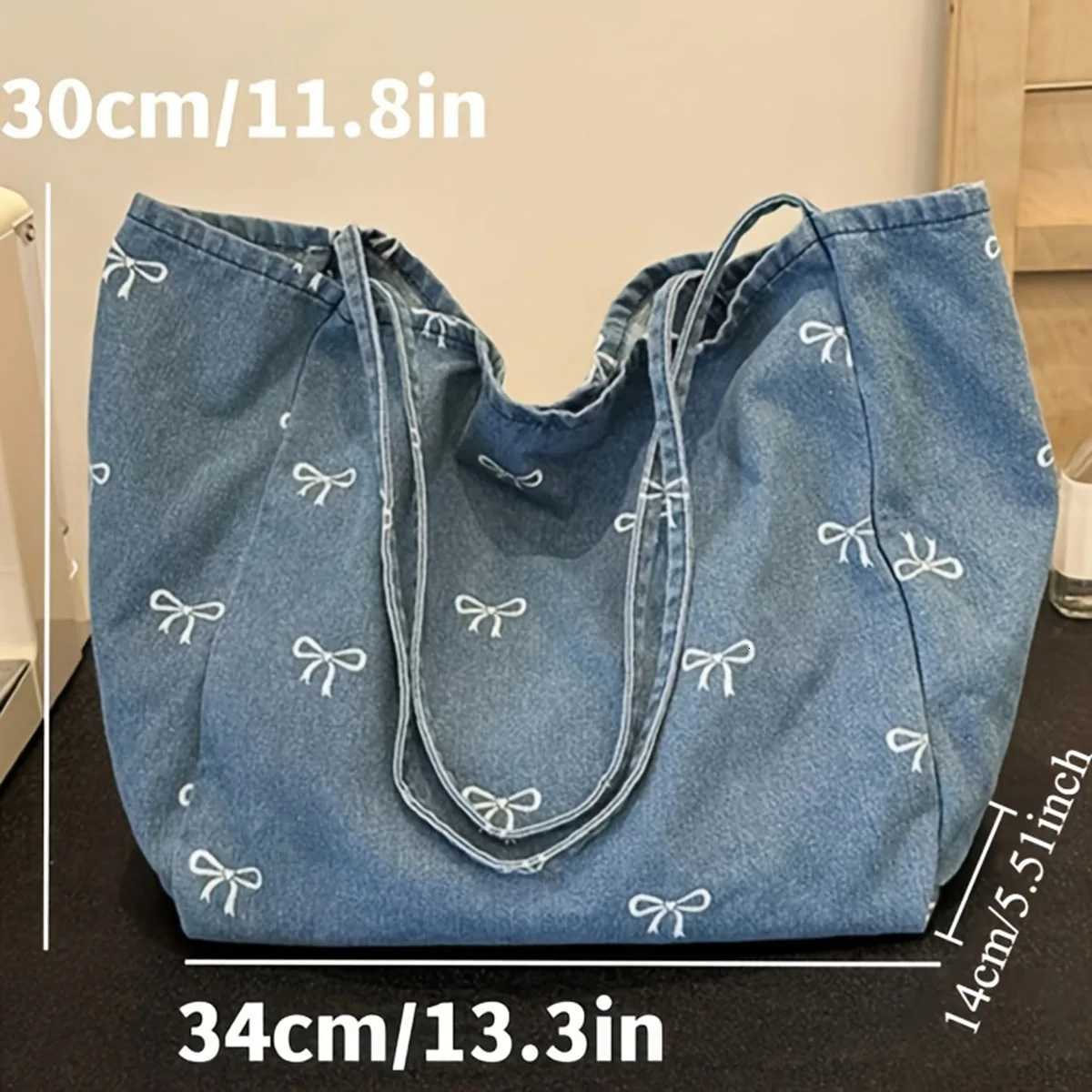 Highquality denim canvas bag ladies bow sweet and versatile tote bag largecapacity casual singleshoulder bag Z250911