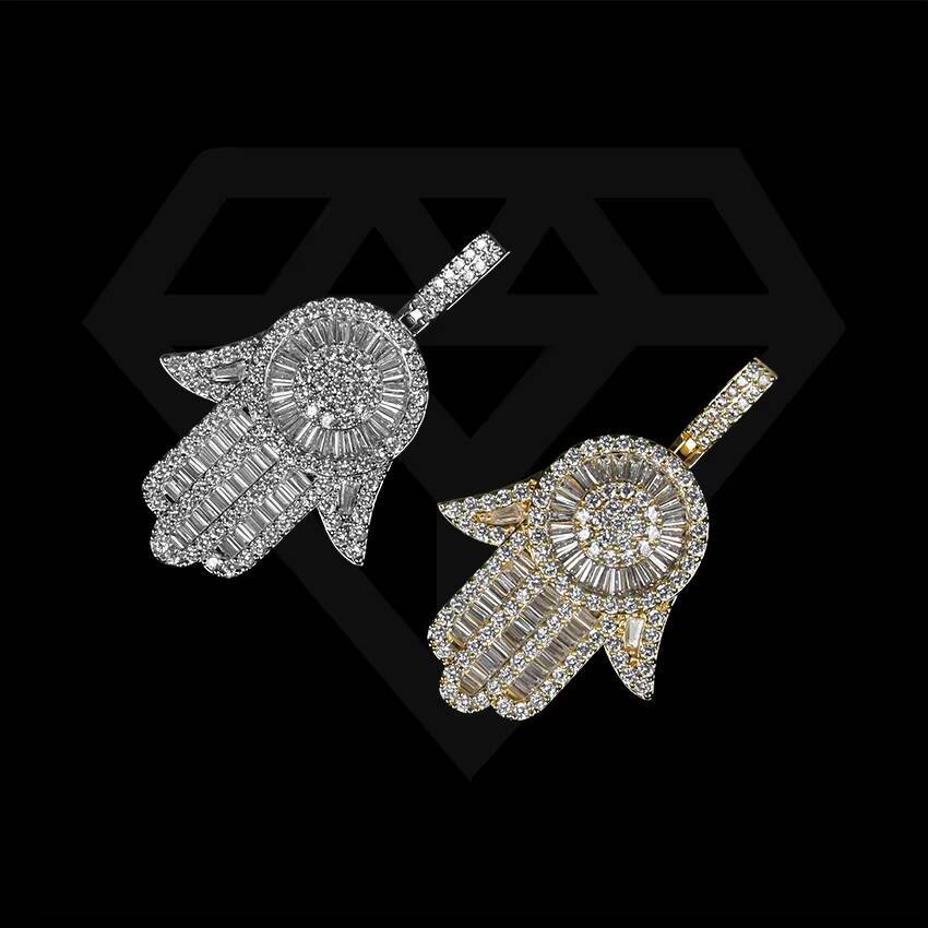 Wholesale Stylish Gold Plated Hamsa Hand Pendant Moissaniteia Brass Hand of Fatima for Hip Hop Fashion Gift Fashionable Mans Jewelry