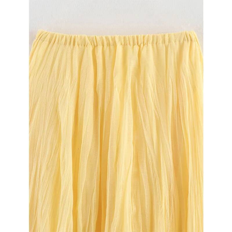 YENKYE Women Crinkle A-line Midi Butter Yellow Skirt Elastic Waist Spring Summer Holiday Elegant Skirts New 2025 faldas mujer dongdumaoyi