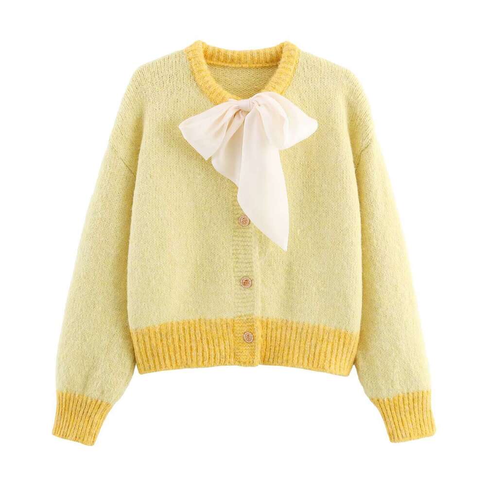 DHEssentials Ins Style 2025 New Fashionable Elegant Women's Bowknot Decorated Knitted Cardigan