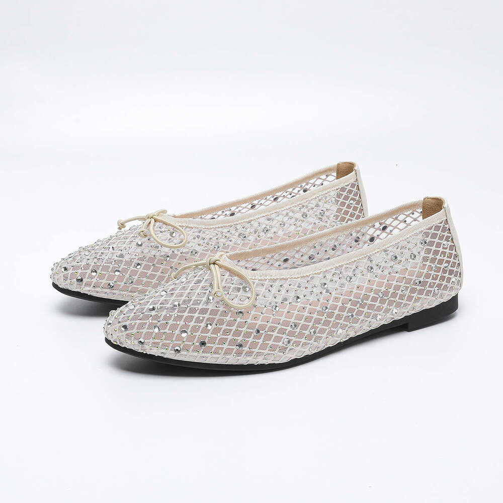 35-43 Plus Size Women's Round Toe Shallow Mouth Non-Slip Flat Shoes Mesh Designer Shoe with Rhinestones Bowknot Breathable
